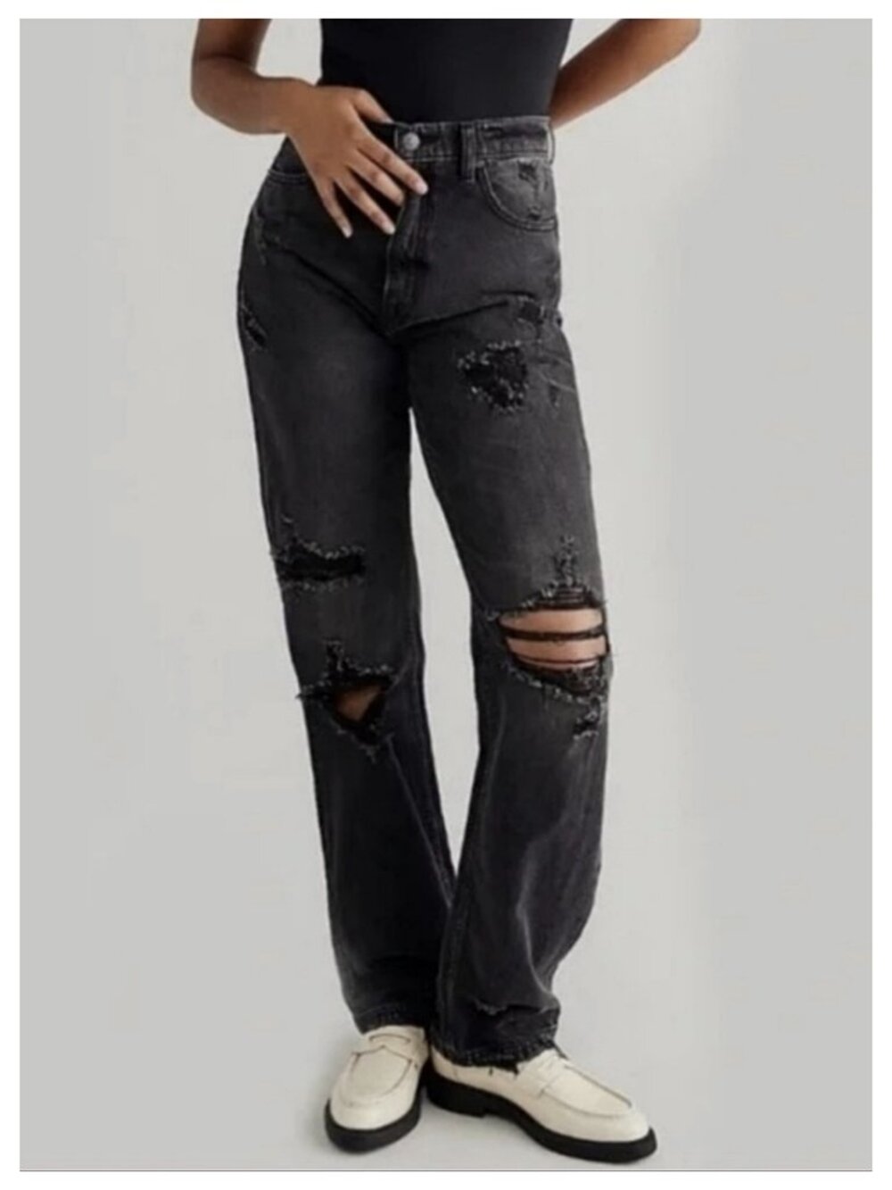 Free People We the Free CRVY Straight Shooter Distressed Black Jeans Size 26